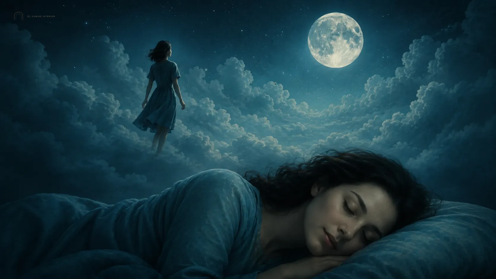 Mujer durmiendo bajo la luna en paisaje nocturno onírico